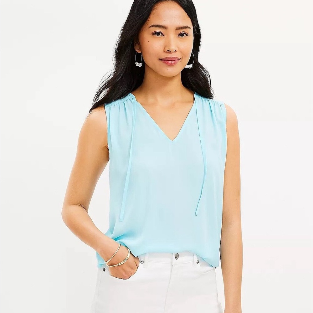 LOFT Sleeveless Tie Neck Mixed Media Shell Light Blue Women's Top